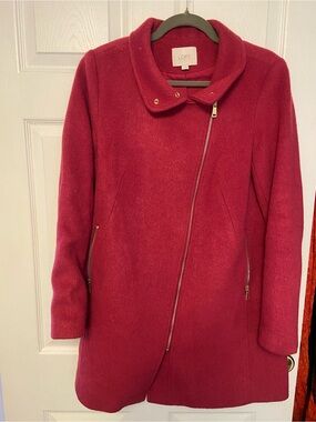 LOFT Women's Burgundy Red Asymmetrical Zip Pea Coat